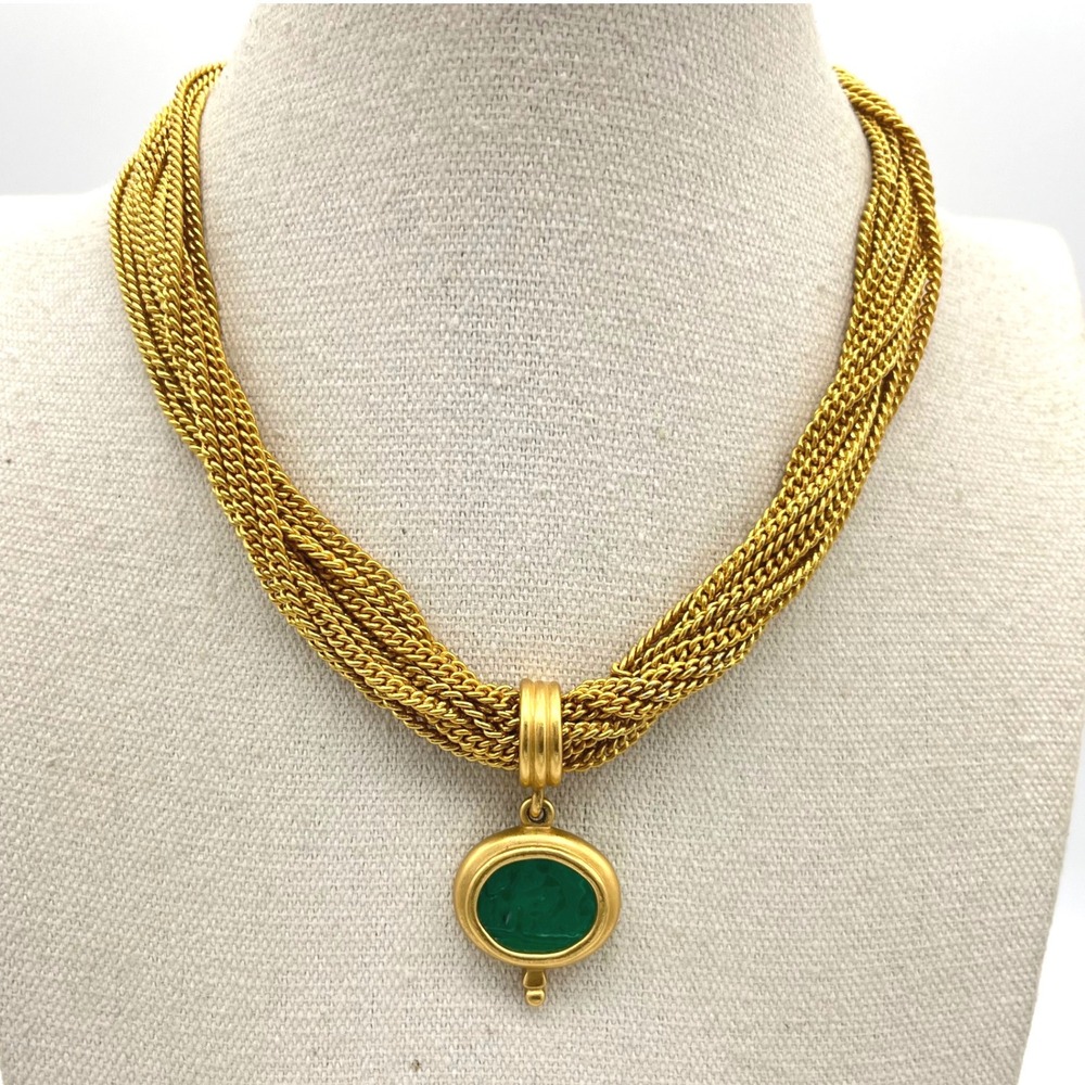 Carolee Vintage Multi Strand Gold Tone Green Glass Intaglio Pendant Necklace
